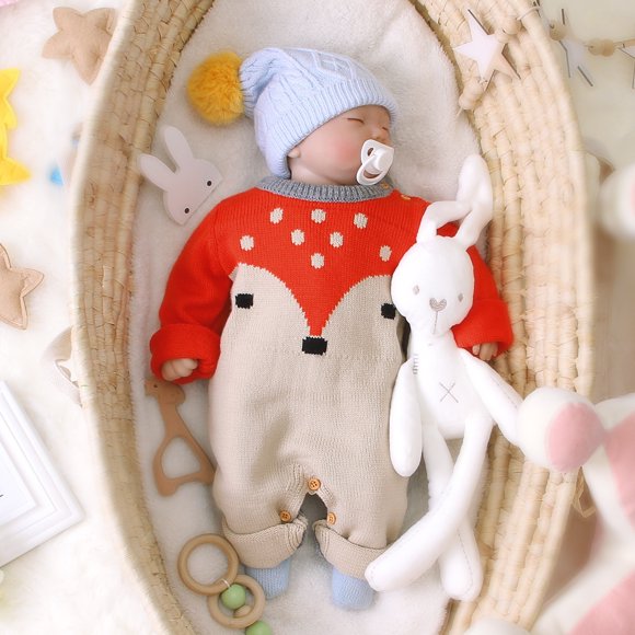 Combinaison Tricotée de Noël pour Bébé Garçon Fille, Manches Longues, Chandail Fox, une Pièce, Tenue de Noël