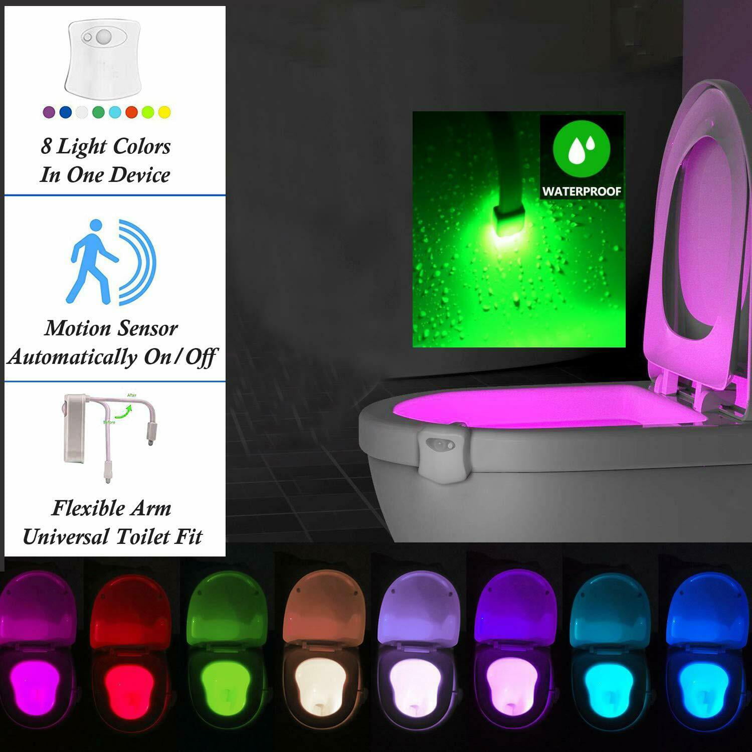 3-PACK Motion Activated LED Toilet Light 8 Color Auto Toilet Bowl Bathroom  Kids Night Light Lamp 