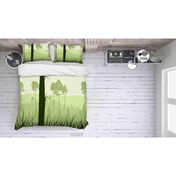 3D Dibujos animados Bosque de Pinos Verde Funda de edredón Juego de Ropa de Cama Funda Nórdica
