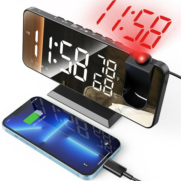 Reloj Despertador de Proyección para Recámara, Radio Despertador Digital con Puertos de Carga USB, Pantalla LED Grande de 7.3" y 4 Atenuadores Ajustables, Reloj Despertador Dual con Pantalla de Tempe