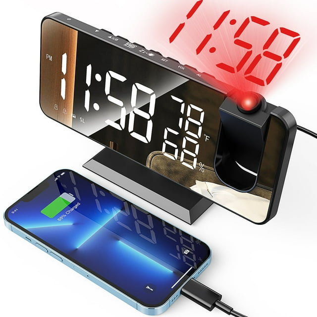 Reloj Despertador de Proyección para Recámara, Radio Despertador Digital con Puertos de Carga USB, Pantalla LED Grande de 7.3" y 4 Atenuadores Ajustables, Reloj Despertador Dual con Pantalla de Tempe