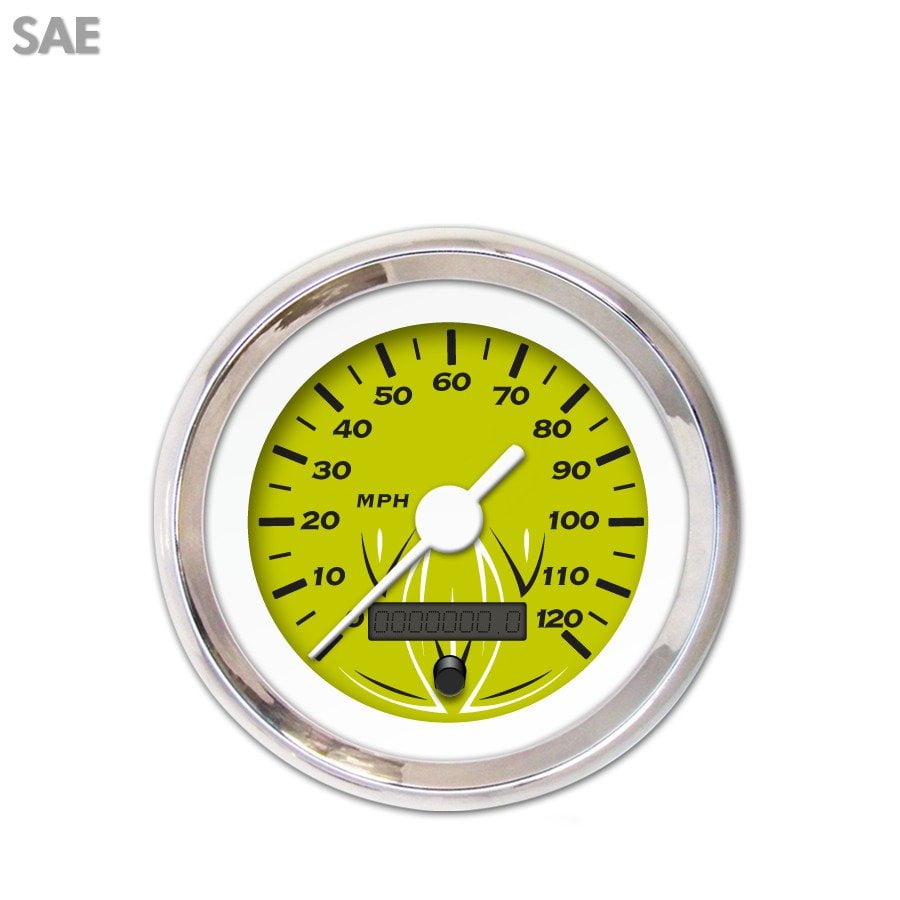 Speedometer Gauge SAE Pinstripe Green , White Vintage Needles, Chrome