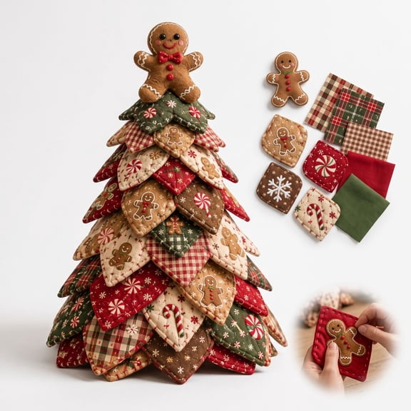 MInHoues DIY Quilted Christmas Tree Craft Kit,3D Fabric Patchwork Tabletop Christmas Tree Set for Beginners,Handmade Fabric Xmas Tree Decor for Mantel Desk,Holiday Gift for Quilting Lovers Adults