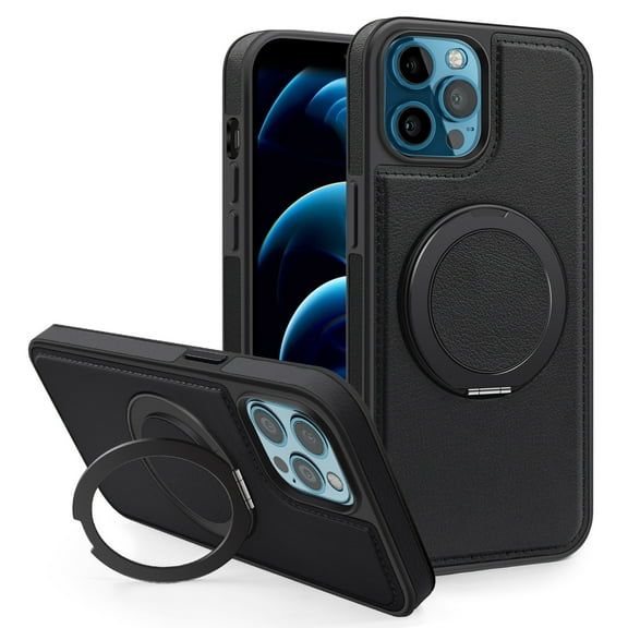 ELEHOLD Case for iPhone 12 Pro Max,  Magnetic Leather Case with 360°Rotatable Ring Stand [Compatible with MagSafe] Phone Case,Black