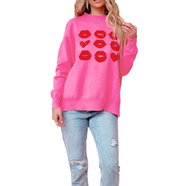 Wangsaura Chandail pour Femmes de la Saint-Valentin à Imprimé de Cœurs, Hauts Tricotés, Pulls