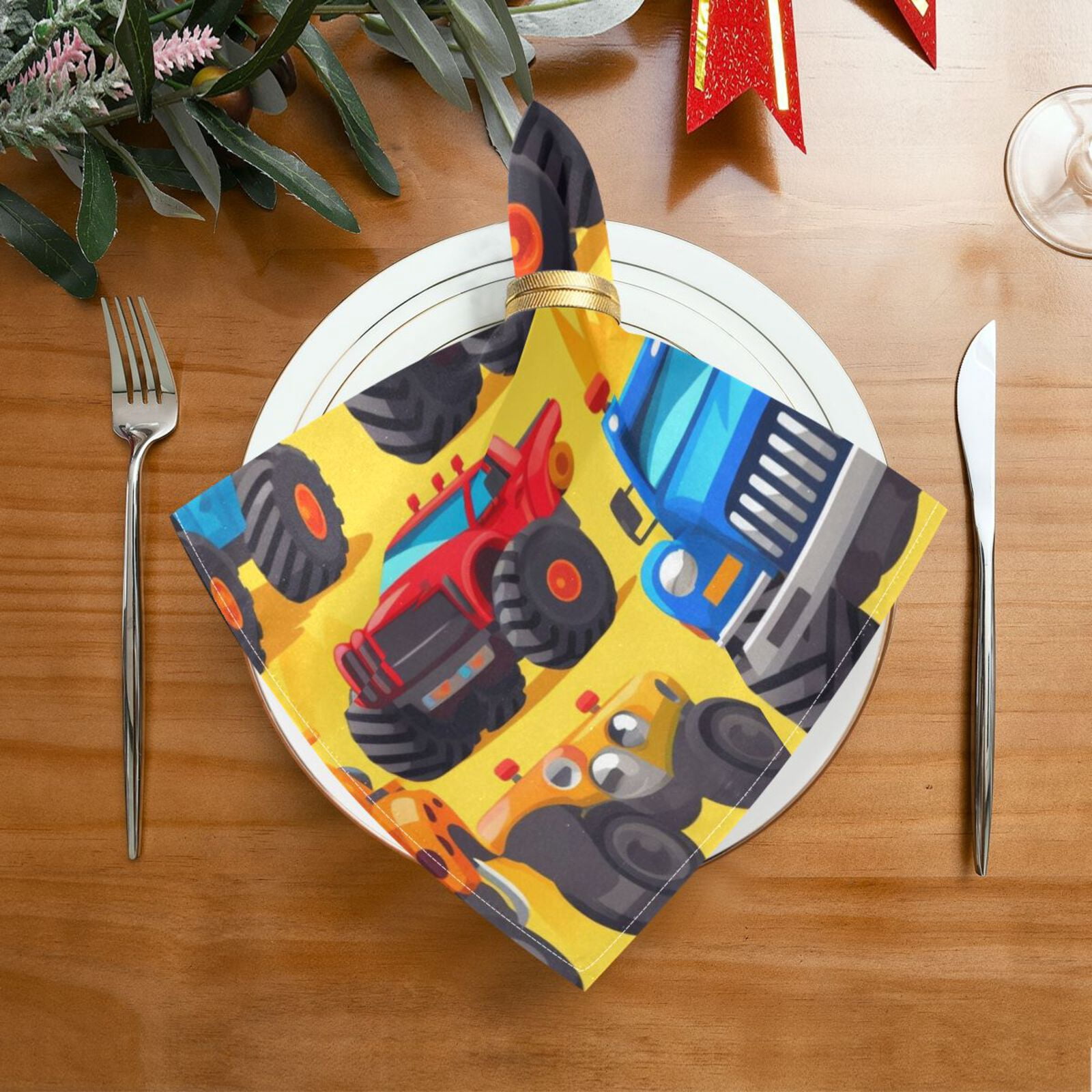 JSTEL Cartoon Trucks Cloth Napkins Set of 6, 20x20 Inch Washable and Reusable Napkin for Decoupage Dinner Party Everyday Use