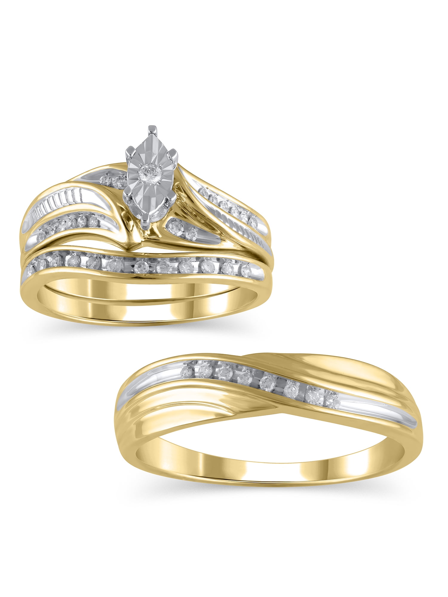 Diamond Wedding Yellow Gold Over Trio His & Her Bridal Band Engagement Ring Set 