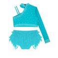 thumbnail image 5 of YiZYiF Kids Girls Sparkly 2 Piece Dancing Outfit Rhinestones Dance Crop Top and Feather Briefs Skirt Blue Green 14, 5 of 6