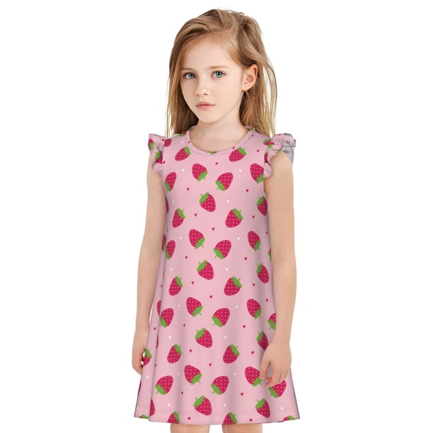 Balery Strawberries Camisón de princesa para niñas, pijama de algodón con mangas abullonadas, suave y bonito.-XX-Large