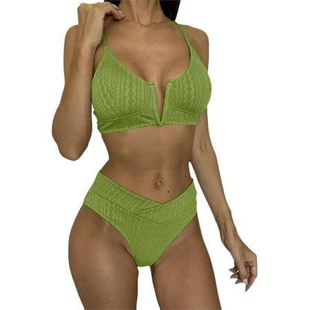 CAIVO Women Swimwear Solid Color 2PCS Swimsuit Sexy Women Swimwear Swimsuit Bikini Boho Beach Vacation Summer Swim Wear