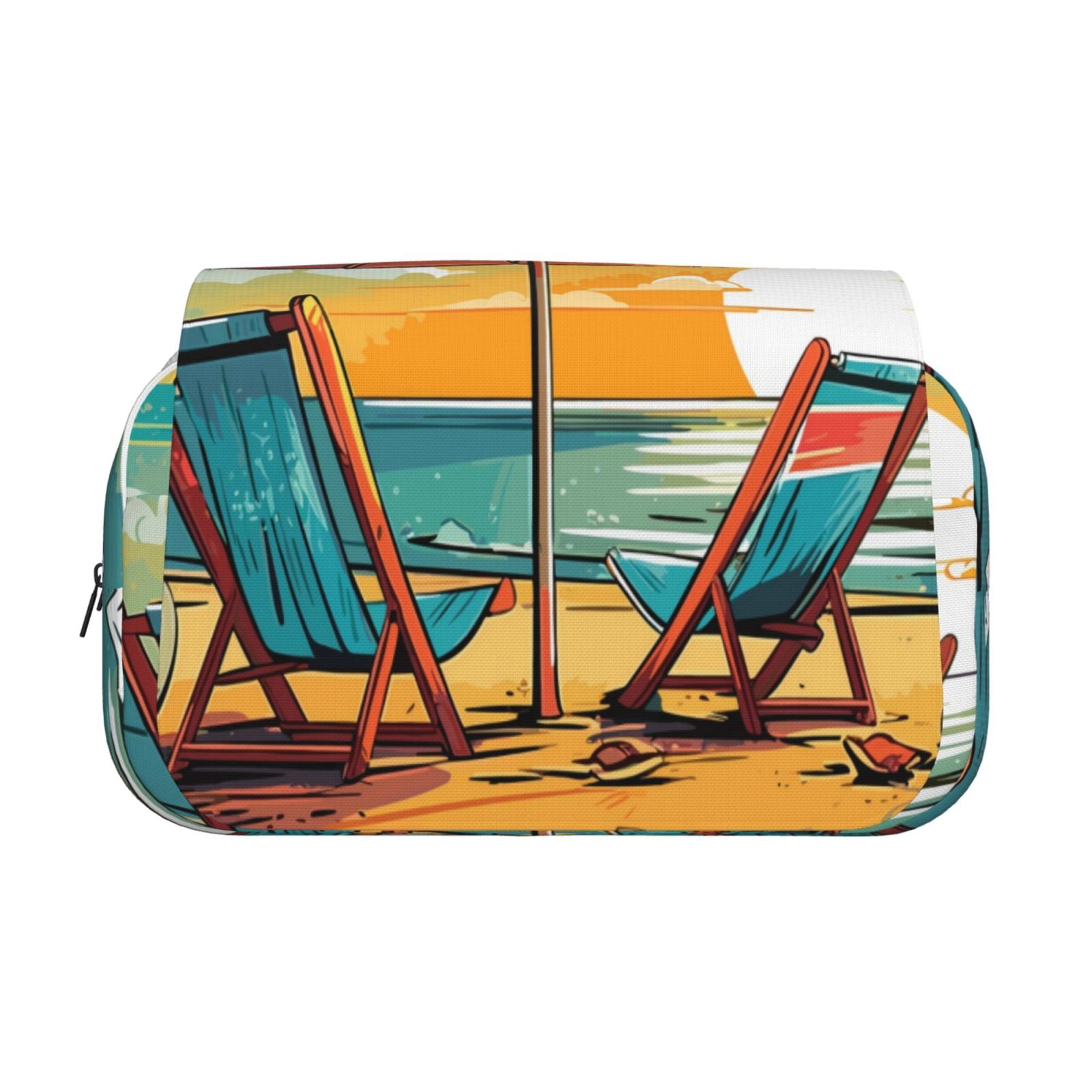 Rateoe Vintage Beach Sunset Pattern Double Clamshell Pen Case, Storage Organizer with Two Zipper Compartments– Holds Up to 50 Pencils & Pens