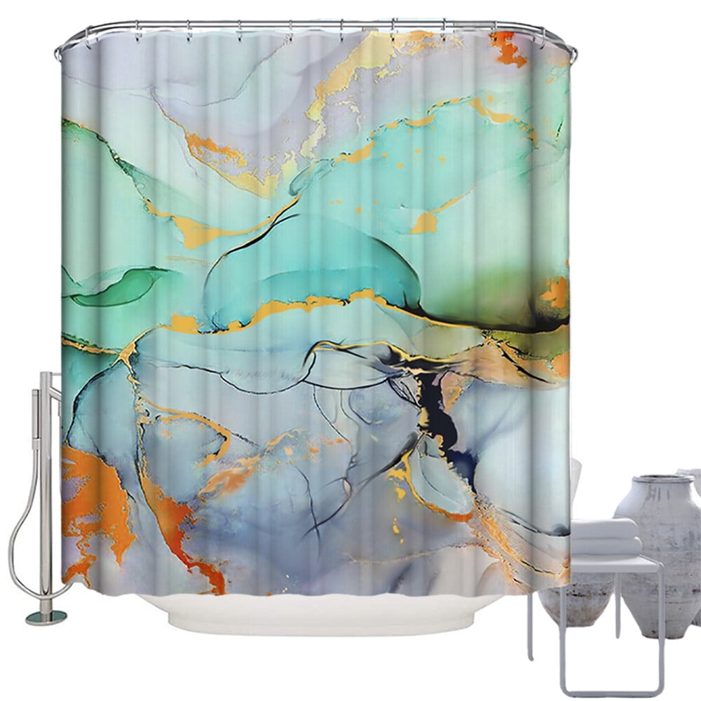 Colorful Marble Shower Curtain Abstract Blue Green and Gold Stripes