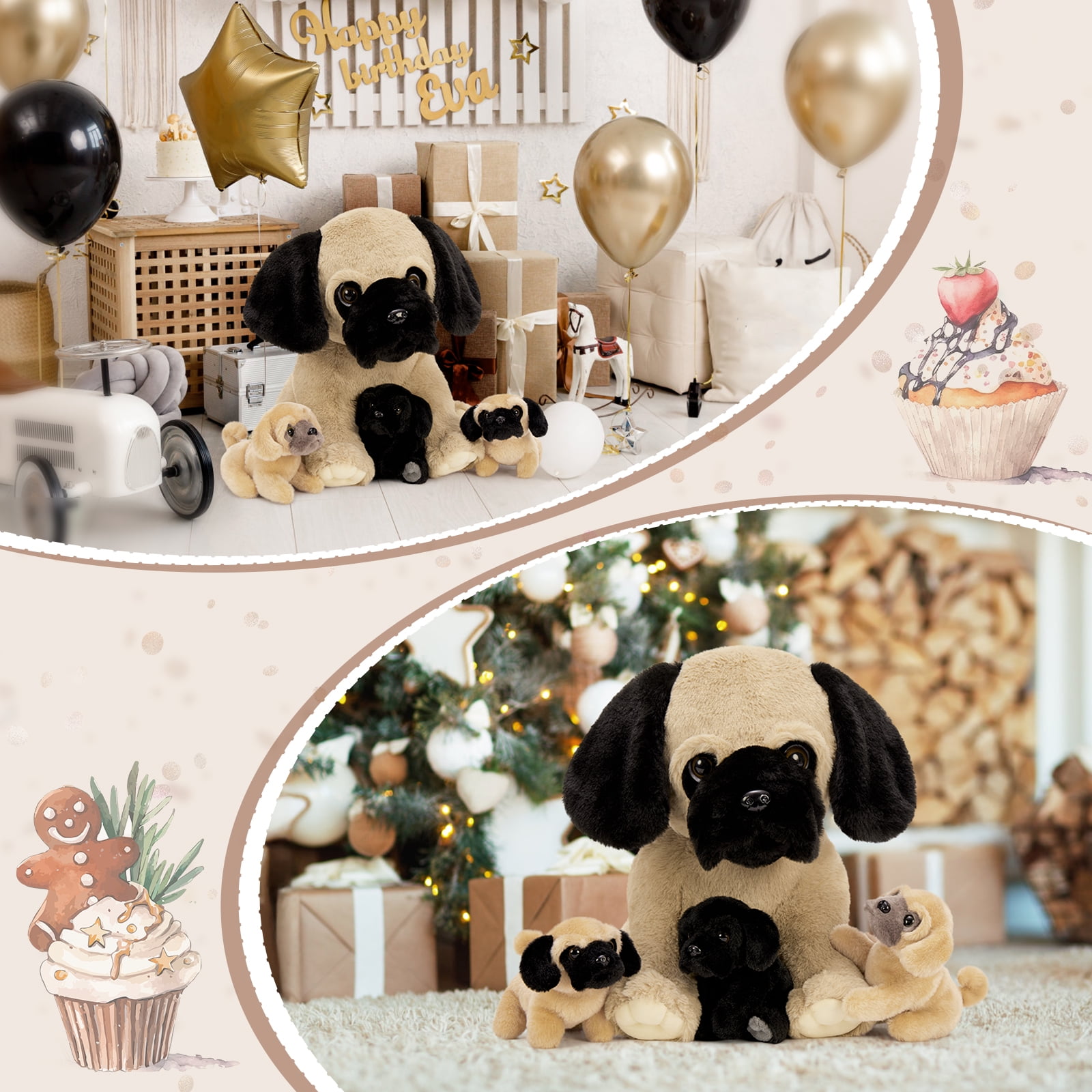 Muiteiur 4Pcs Pug Dog Stuffed Animal 14'' Dog Plush with 3 Puppies Plush Toy