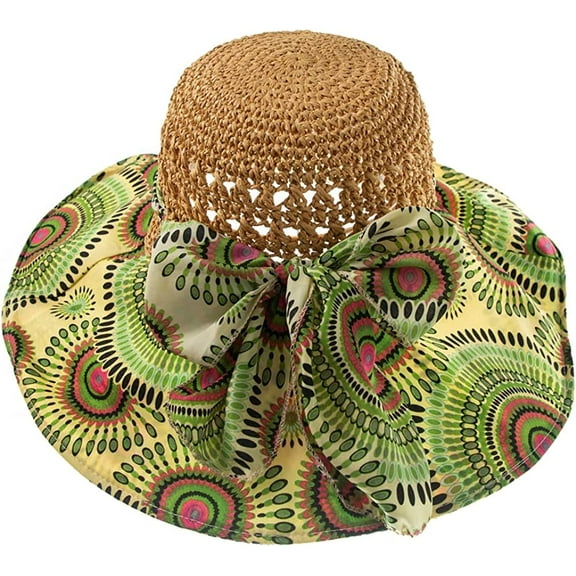 CoCopeaunts Sun Beach Straw Hat for Women Breathable Flower Scarve Lined Stylish Bow Roll up Foldable UV Protection Fishermen Hat Travel