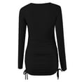 thumbnail image 6 of VSSSJ Women's Crewneck Long Sleeve Ruched Slim Ribbed Basic T-Shirt Dresses Solid Color Side Drawstring Lace-Up Bodycon Mini Dress Black S, 6 of 7