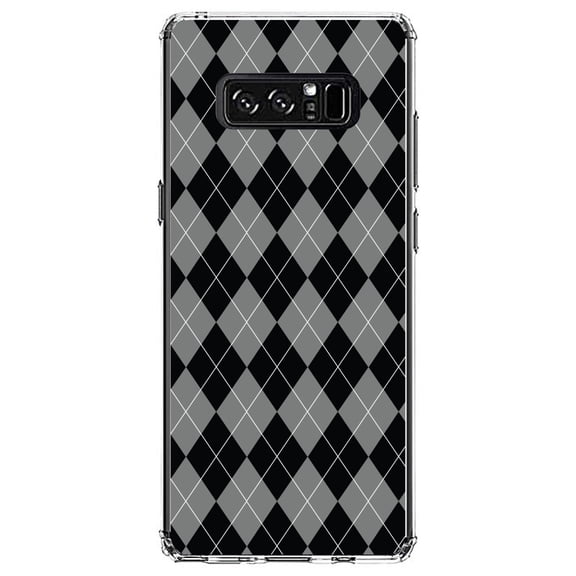 DistinctInk Clear Shockproof Hybrid Case for Samsung Galaxy Note 8 - TPU Bumper, Acrylic Back, Tempered Glass Screen Protector - Black Grey White Argyle