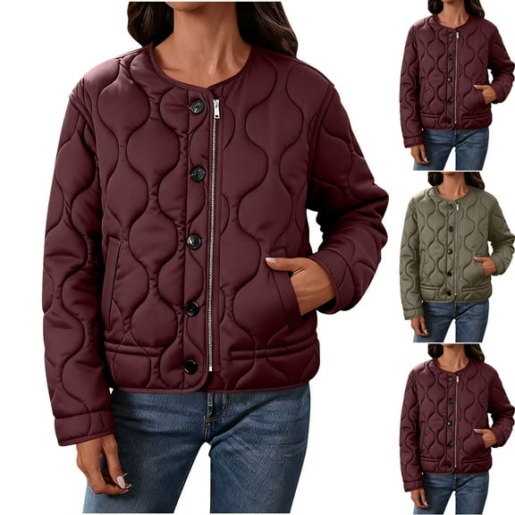 Xdegoge Lightweight Quilted Jacket for Women Full Zip Crewnceck Padded Jackets Casual Loose Barn Coat Fashion Solid Color Warm Outerwear with Pockets