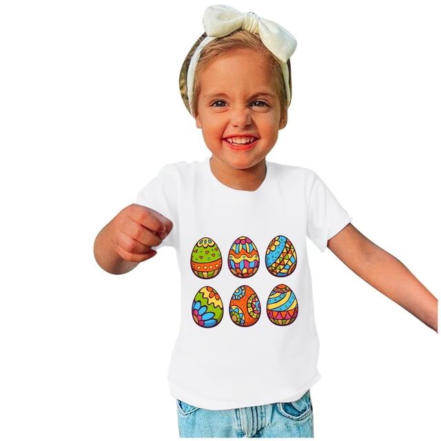 Zwiiyzr 2025 Joyeuses Pâques T-Shirt Coloré Chasse aux Œufs pour Enfants Col Rond Manches Courtes pour Garçons Filles Blanc-11 Ans