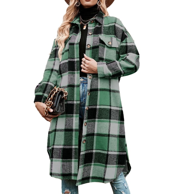 Camisa Larga A Cuadros De Franela ANGGREK para Mujer Poliéster Cómoda Solapa Suelta XXL