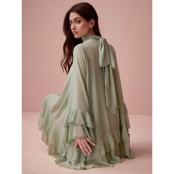Mint Green High-Neck Flare Sleeve Ruffle Hem Mini Dress with Tie Back