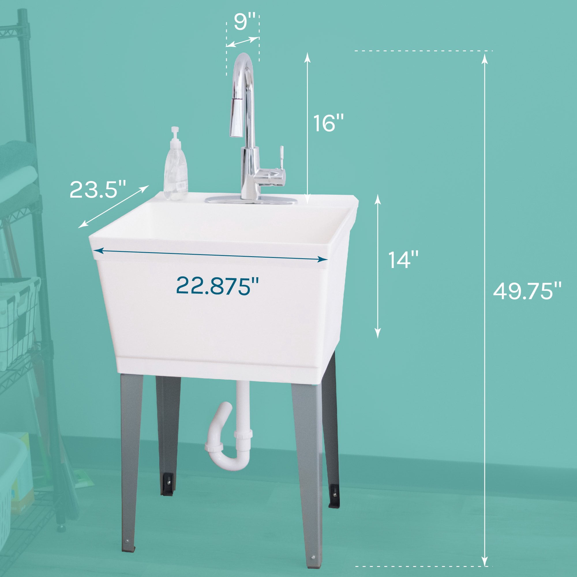 19 Gallon Laundry Sink with High Arc Chrome Pull-Down Kitchen Faucet 6503CP