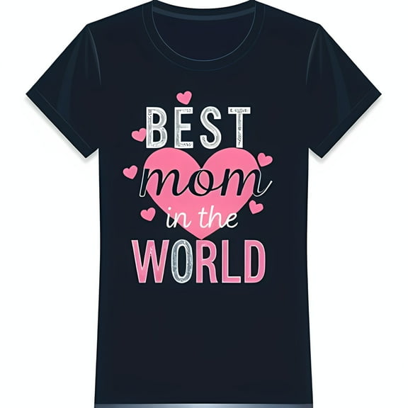 Glittery 'Best Mom in the World' T-Shirt with Pink Heart Design Dark Blue
