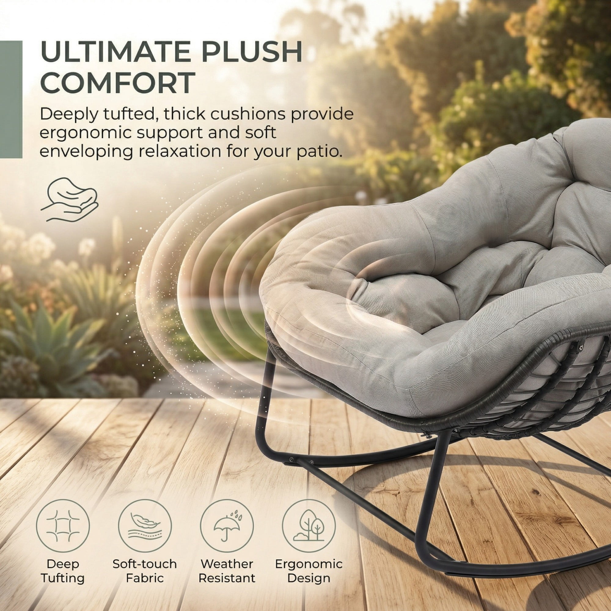 Outdoor Papasan Rocking Chair, Oversized Egg Rocking Chair with Cushion, Wicker Rattan Patio Rocker, Indoor Outdoor Lounge Chair for Porch Garden Living Room, Light Gray