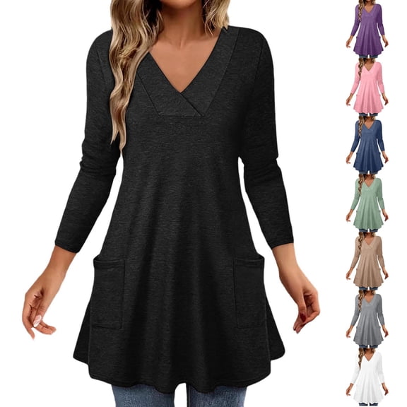 YHAJDS Womens Fall Sweatshirt Casual V Neck Double Pocket Solid Tunic Pullover