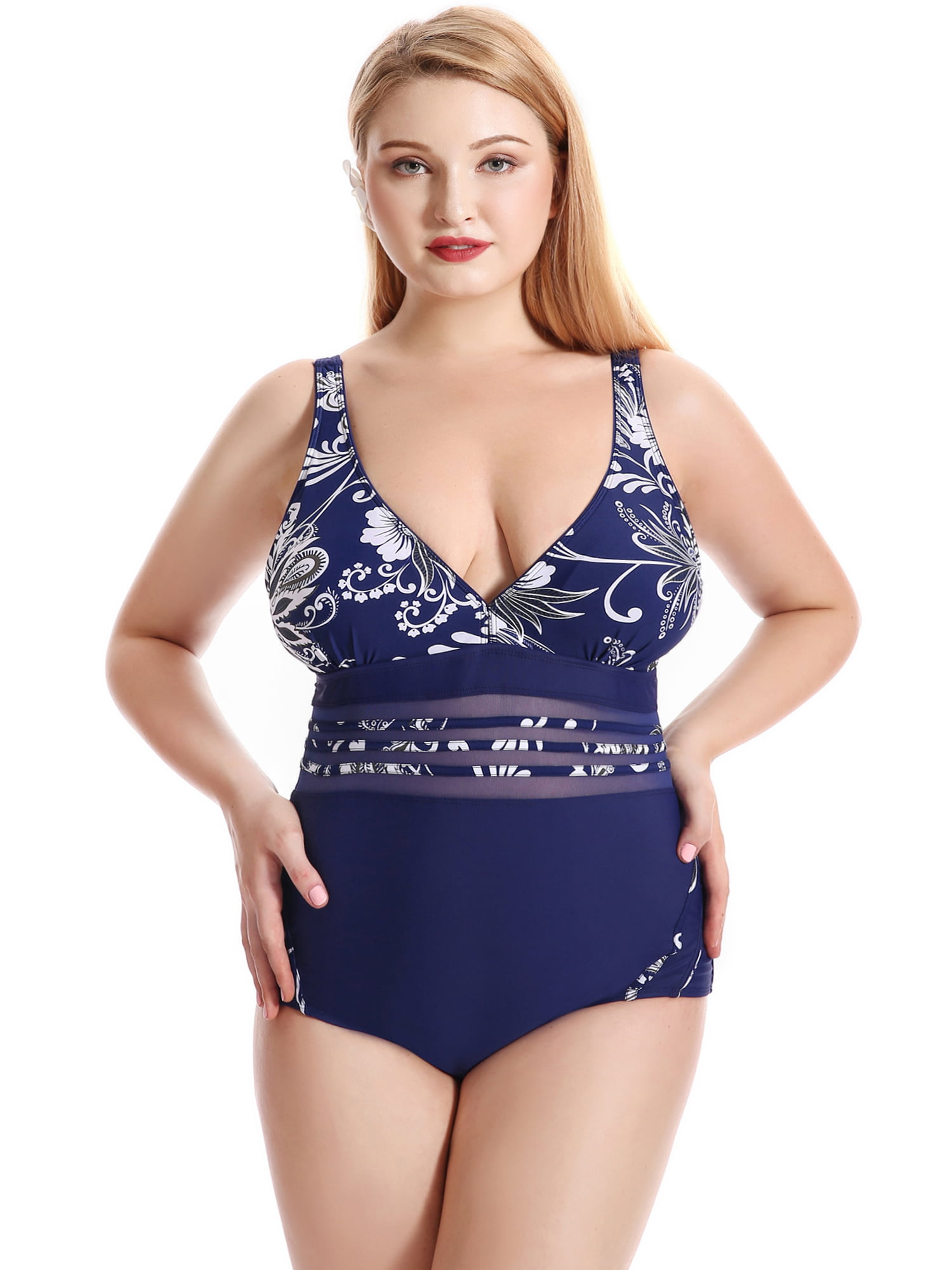 Madison overskæg døråbning Womens Plus Size Swimwear One-Pieces Monokini Swimsuits Tummy Control  Floral Retro Bikini Slimming Bathing Suits Dark Blue - Walmart.com