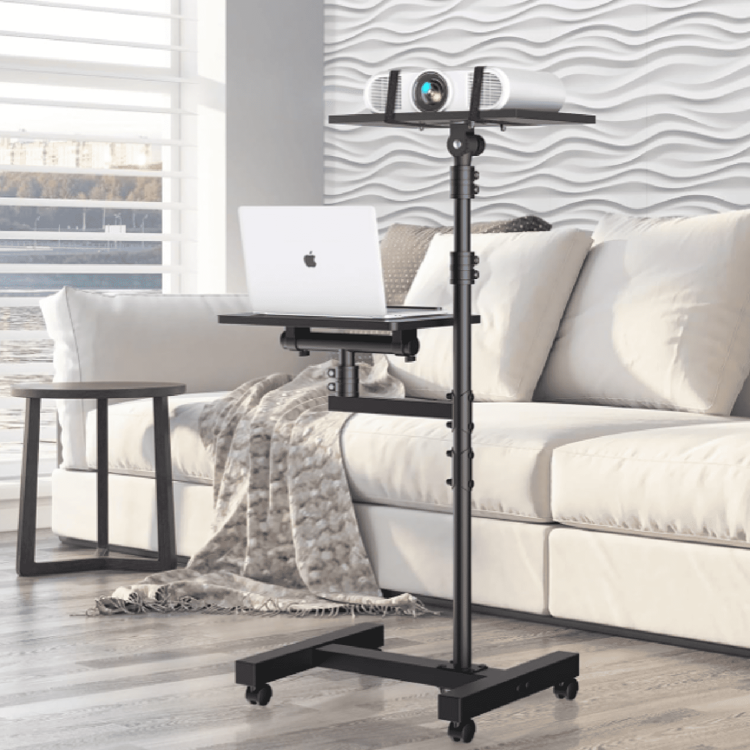 Projector Stand Tripod: 2 Shelves Mobile Laptop Cart Adjustable Height 45 to 64 Inches, Rolling Laptop Stand Cart with Ventilated Tray, Projector Tripod Stand on Wheels for Couch, Bedside, Meeting