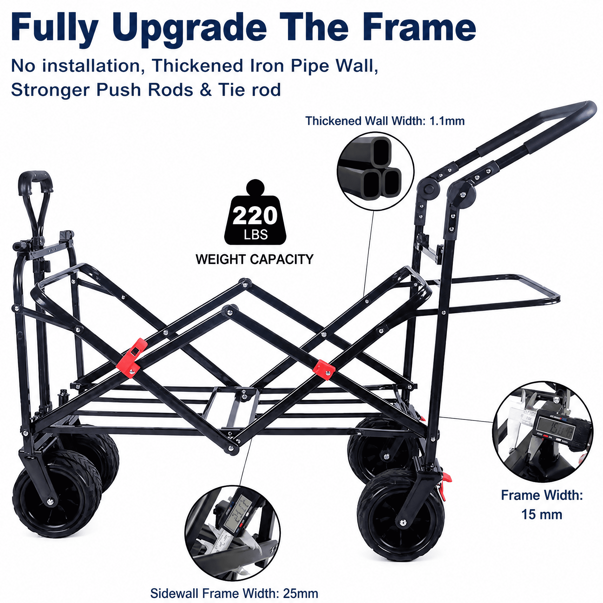 Collapsible Wagon Heavy Duty Folding Wagon Cart with Removable Canopy, 4" Wide Large All Terrain Wheels, Brake, Adjustable Handles, Cooler Bag Utility Carts for Outdoor Garden