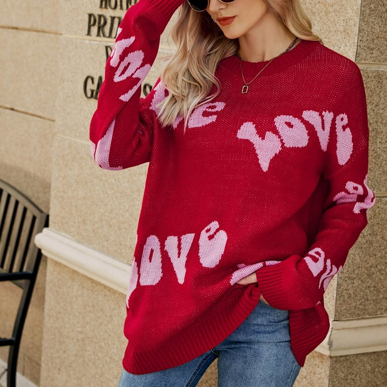 ZQGJB Long Sleeve Knitting Sweaters for Women Cute Love Letter Printed  Round Neck Pullover Sweater Tops Loose Lightweight Soft Comfy Blouse Red XL
