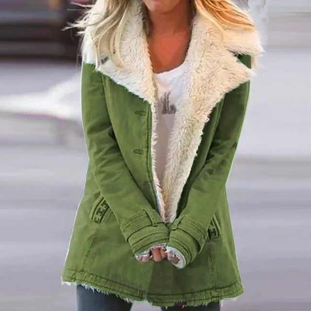 Drppepioner Women Big Lapel Plush Coat Contrast Warm Jacket Button Cardigan Overcoat