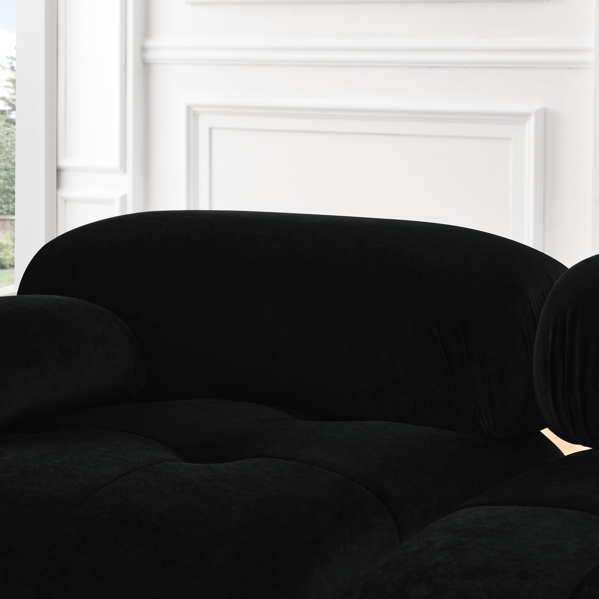 Aukfa 93" Sectional Sofa, Button Tufted Modular Chaise Couch for Living Room, Velvet, Black