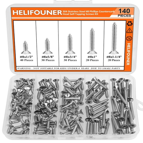 #8 X 1/2"" 5/8"" 3/4"" 1"" 1-1/4"" Wood Screws Set Helifouner 140 Pieces Phillips Countersunk Head Self-Tapping Screws Assortment Kit Phillips Flat Head Wood Screws 304 Stainless Steel