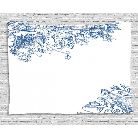Vintage Blue Tapestry, Vintage Style Floral Design with Peony Blossoms Buds and Roses, Wall Hanging for Bedroom Living Room Dorm Decor, 80W X 60L Inches, Cobalt Blue and White, by Ambesonne