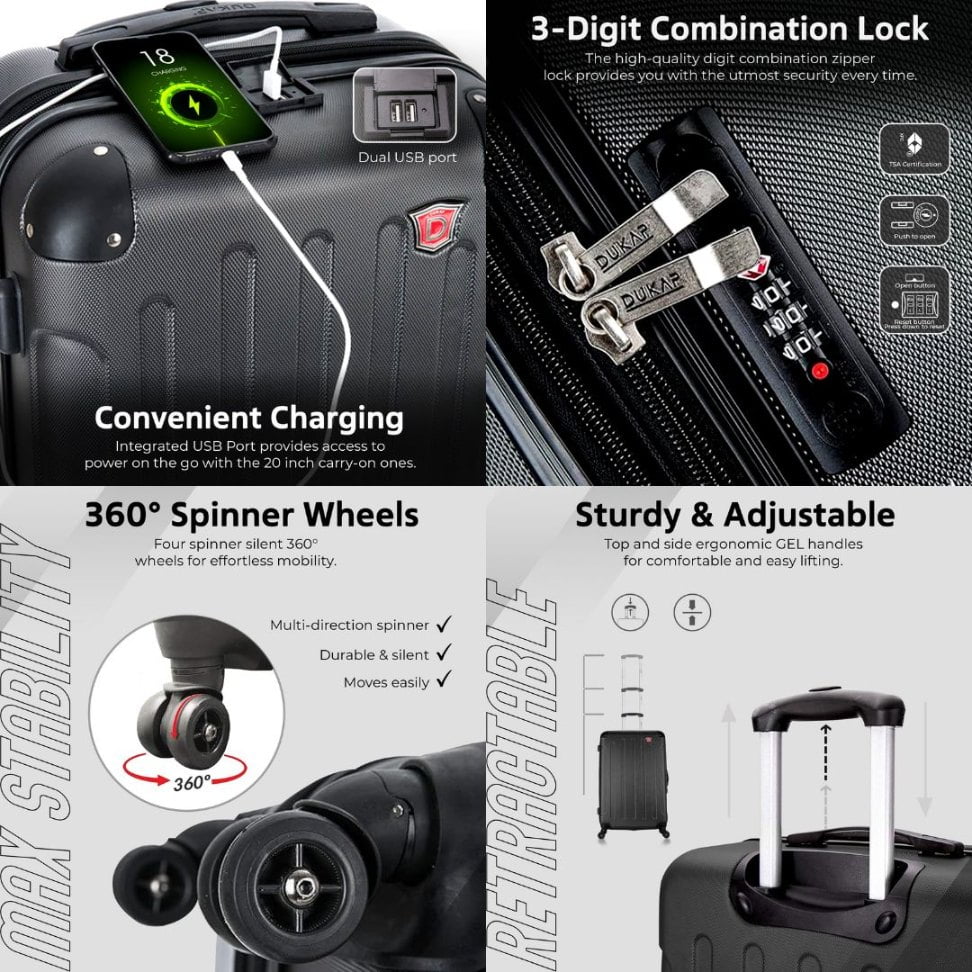 DUKAP Intely 20" Hardside Lightweight Carry-on Luggage with Spinner Wheels and USB Port, Black