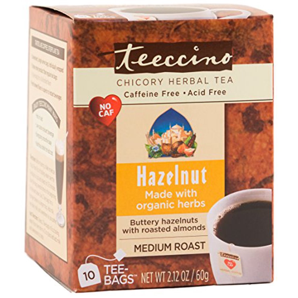 Teeccino Hazelnut Chicory Herbal Tea Bags, Caffeine Free, Acid Free, 10