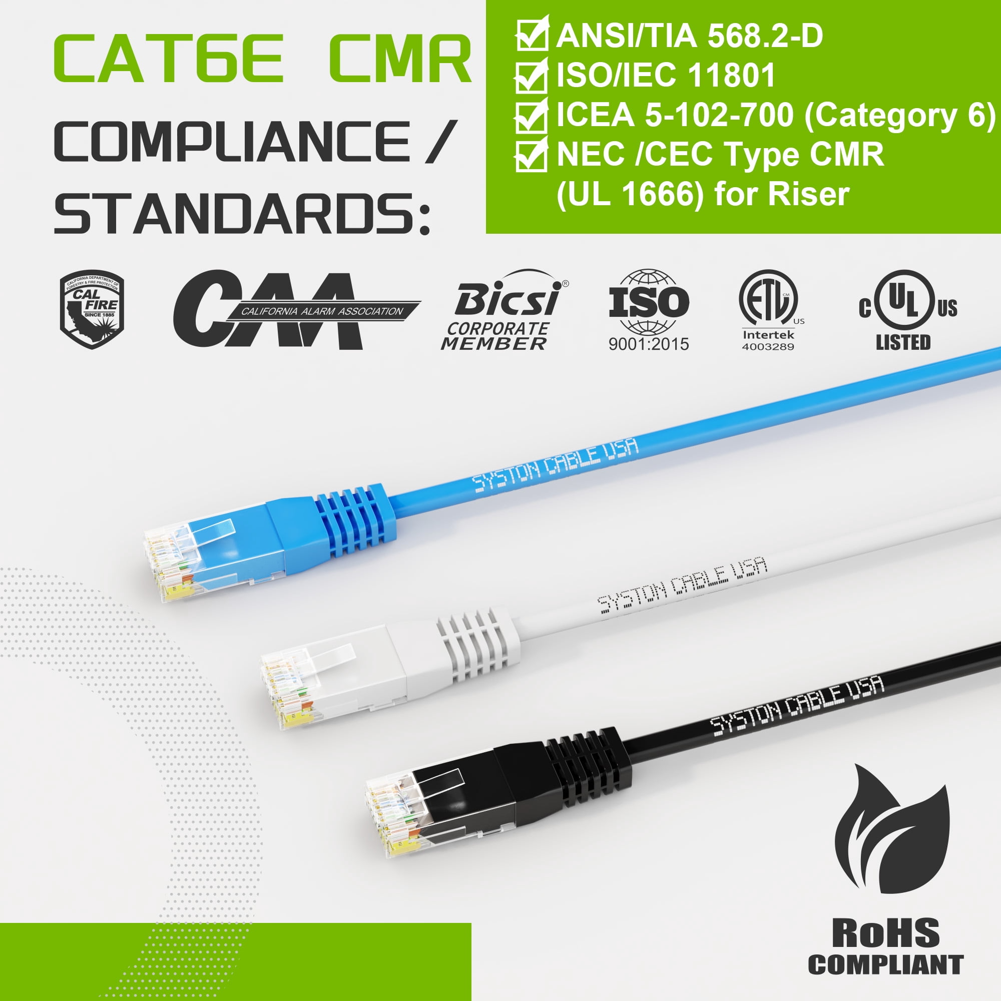 Syston Cat6e Ethernet Internet Cable Patch - 50 FT Black, 600MHz 23AWG 4pr UTP Solid Bare Copper Wire Indoor/Outdoor PoE PC Laptop, CMR Riser-Rated Sunlight Resistant RoHS Compliant UL ETL Certified