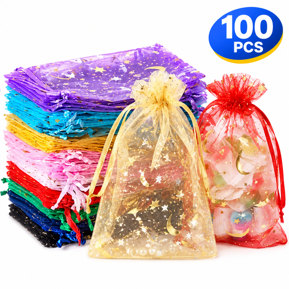 100pcs Mixed Color Moon Star Organza Bags, 4x6 inch Drawstring Mesh Pouches for Jewelry, Candy, Wedding and Party Favors