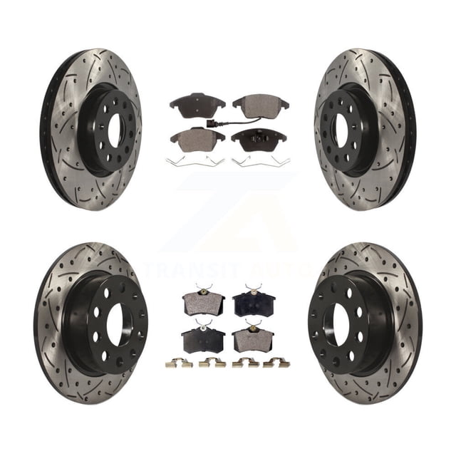 Transit Auto Front Rear Coated Drilled Slotted Disc Brake Rotors and Semi-Metallic Pads Kit for Car Volkswagen Jetta Beetle with 253mm Diameter Rotor KDF-100295