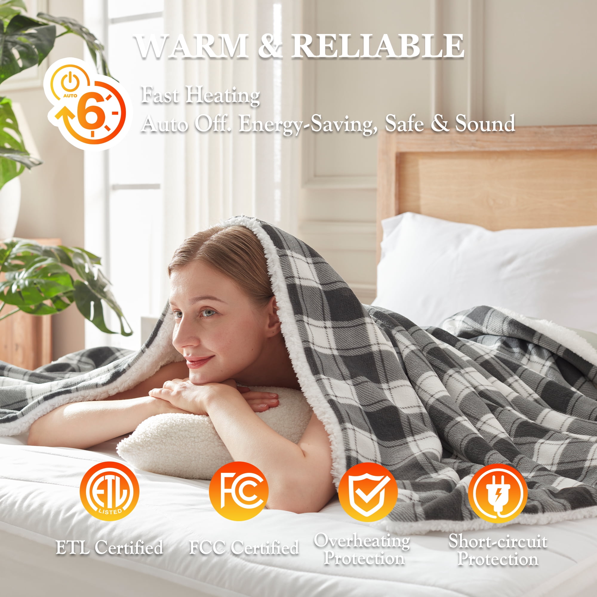 COZY@HOME Electric Blanket, Sherpa and Flannel Throw Size 50"x60", Grey & White Plaid，Fast Heating 6 Heating Levels & 4H Auto-Off, Machine Washable