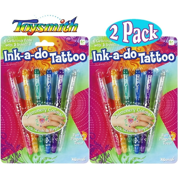 Bolígrafos de tatuaje Toysmith Ink-a-Do Shimmery, paquete de 2 con plantillas