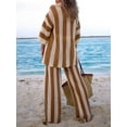 thumbnail image 5 of Women's Knit Crochet Loungewear Set, Stripe Print Half Sleeve V-Neck T-Shirt + Wide Leg Pants, 5 of 6