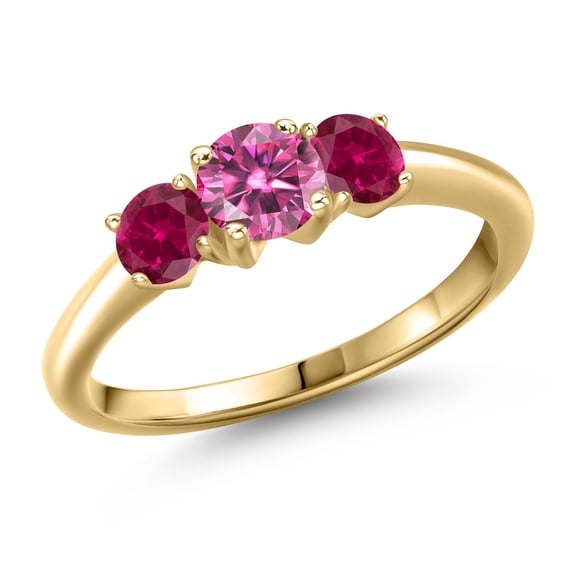 Gem Stone King 10K Yellow Gold Pink Moissanite and Red Created Ruby Engagement Ring for Women | 1.00 Cttw | Round 5MM | Gemstone Birthstone | Size 6