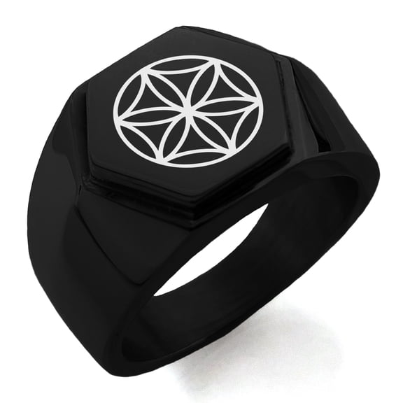 Stainless Steel Aphrodite Greek Goddess of Love Engraved Hexagon Crest Flat Top Biker Style Polished Ring