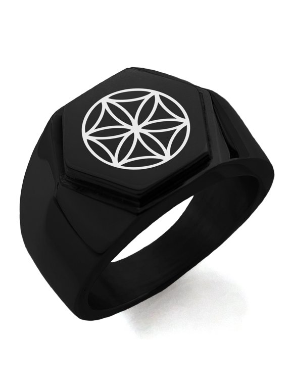 Stainless Steel Aphrodite Greek Goddess of Love Engraved Hexagon Crest Flat Top Biker Style Polished Ring