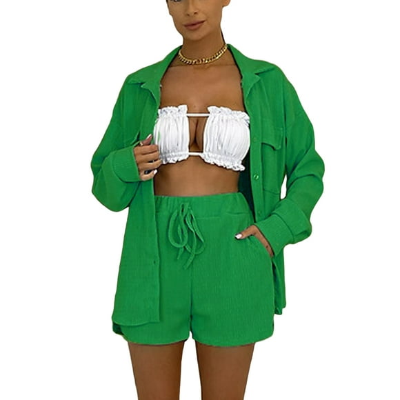 Txlixc Traje de dos piezas para mujeres, camisa de botón de manga larga + pantalones cortos Txlixc moda