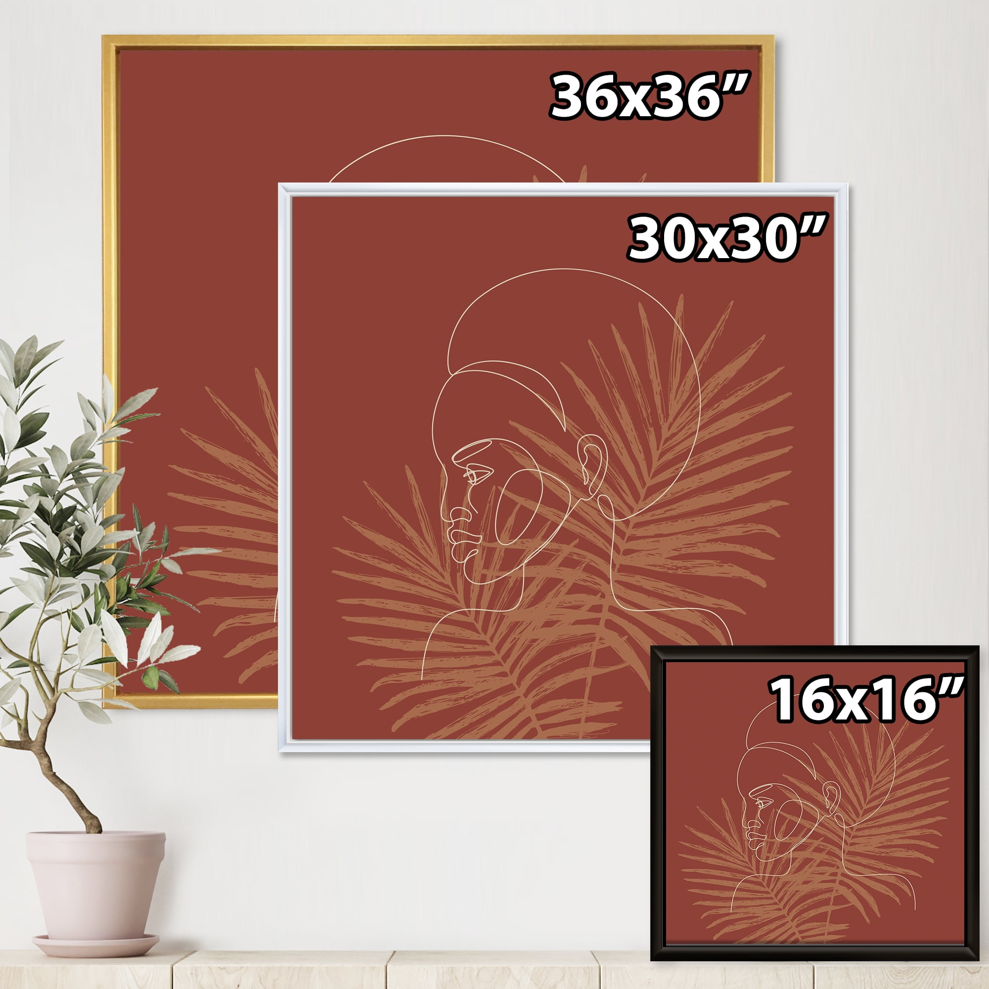 Designart 'Sillhouette of Afro American Woman on Palm Leaves' Modern Framed Canvas Wall Art Print