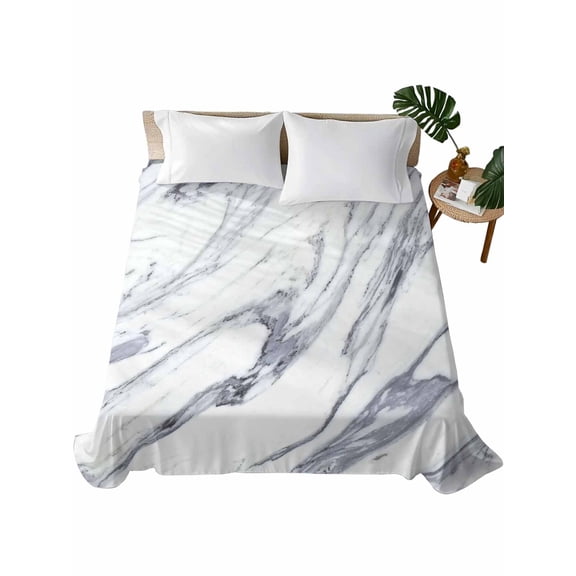 King Flat Sheet 105"x98", White Marble Soft Lightweight Bedding Flat Sheets Only, Grey Abstract Modern Luxury Simple Art Brushed Microfiber Top Bed Sheet, Breathable StainResistant Bedsheets